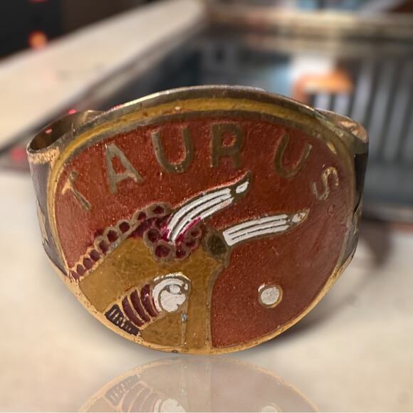 Vintage Brass Hand Painted TAURUS Zodiac Astrology Cuff Bracelet - Picture 1 of 8